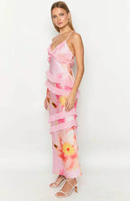 Spaghetti Strap V-Neck Diagonal Tiered Ruffle Satin Maxi Dress