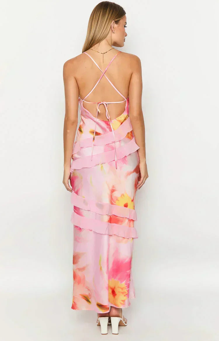 Spaghetti Strap V-Neck Diagonal Tiered Ruffle Satin Maxi Dress
