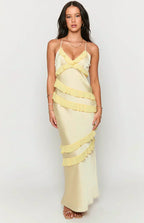 Spaghetti Strap V-Neck Diagonal Tiered Ruffle Satin Maxi Dress