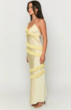 Spaghetti Strap V-Neck Diagonal Tiered Ruffle Satin Maxi Dress