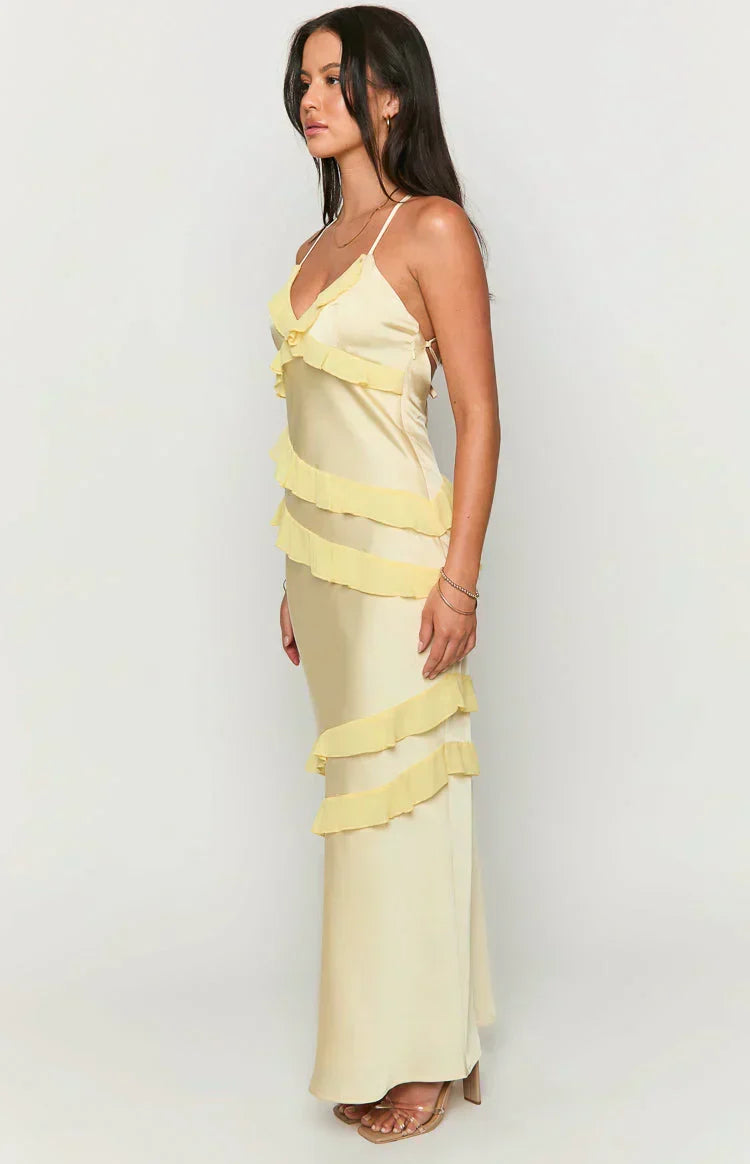 Spaghetti Strap V-Neck Diagonal Tiered Ruffle Satin Maxi Dress