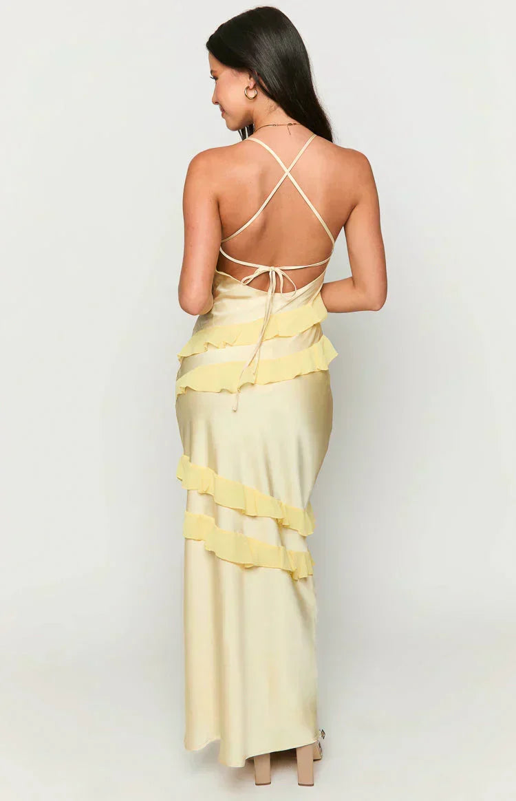 Spaghetti Strap V-Neck Diagonal Tiered Ruffle Satin Maxi Dress