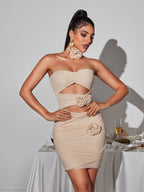 Strapless Ruched Cut Out Rosette Detail Bodycon Mini Dress
