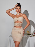 Strapless Ruched Cut Out Rosette Detail Bodycon Mini Dress