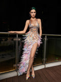Pearl Feather Trim Asymmetric Hem Mini Dress
