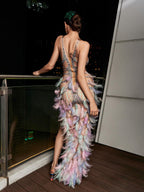 Pearl Feather Trim Asymmetric Hem Mini Dress