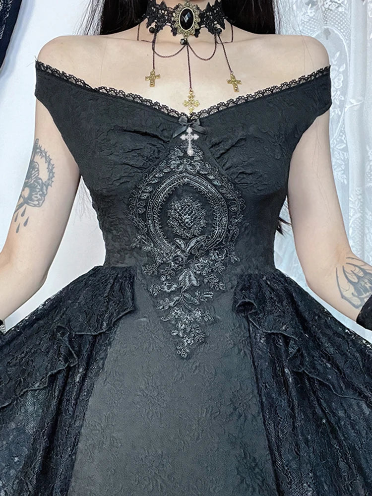 Gothic Folds Corsets A-Line Black Off Shoulder Ball Gown Women Grunge Vintage Aesthetic Harajuku Partywear Dress