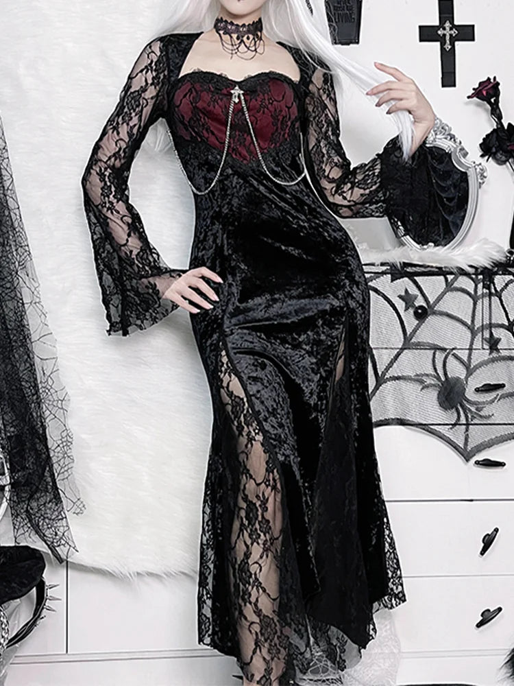 Crushed Velvet Lace Panel Bell Sleeve Chain Cross Sweetheart Maxi Dress