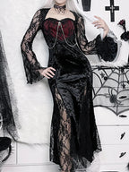 Crushed Velvet Lace Panel Bell Sleeve Chain Cross Sweetheart Maxi Dress