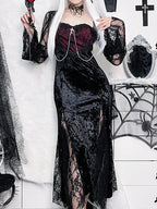 Crushed Velvet Lace Panel Bell Sleeve Chain Cross Sweetheart Maxi Dress