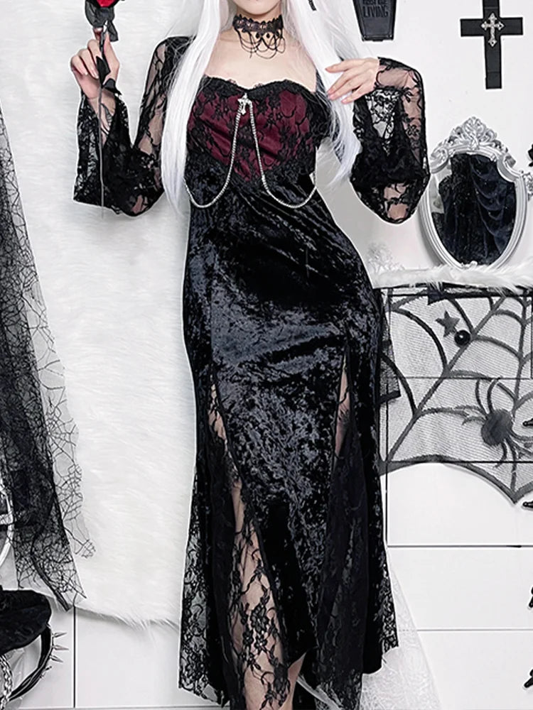 Crushed Velvet Lace Panel Bell Sleeve Chain Cross Sweetheart Maxi Dress