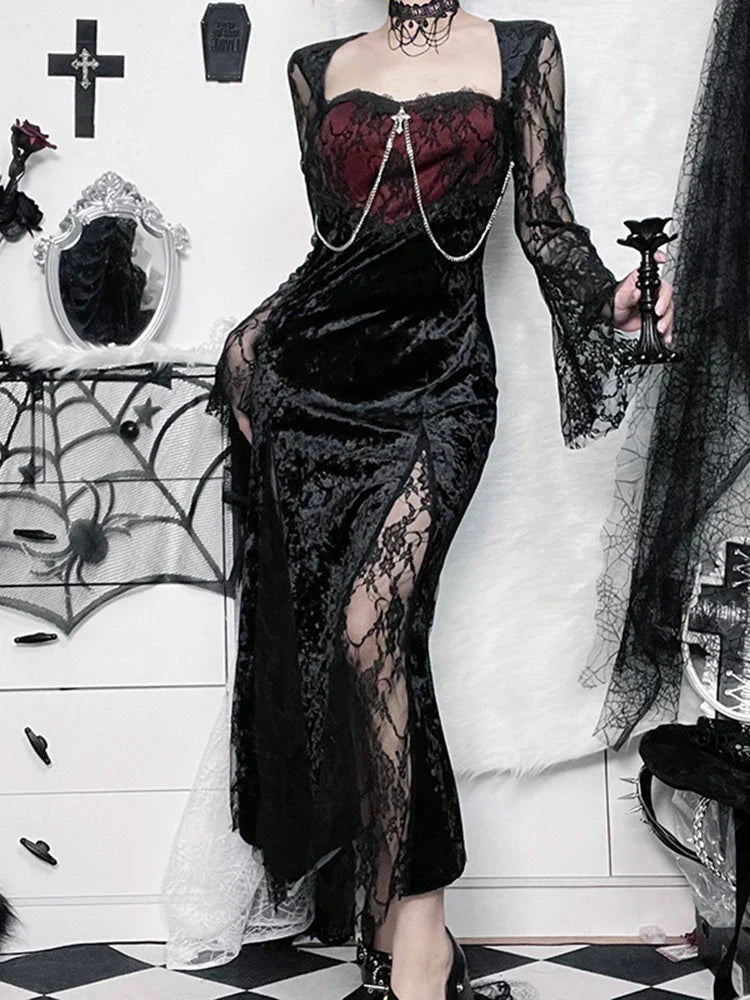 Crushed Velvet Lace Panel Bell Sleeve Chain Cross Sweetheart Maxi Dress