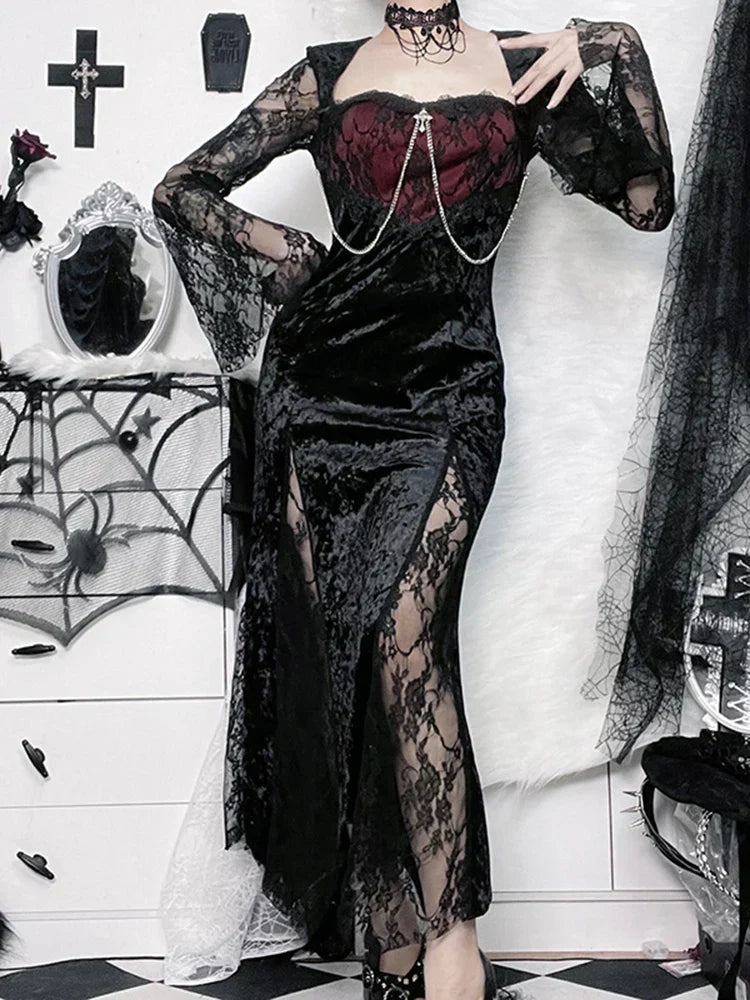 Crushed Velvet Lace Panel Bell Sleeve Chain Cross Sweetheart Maxi Dress