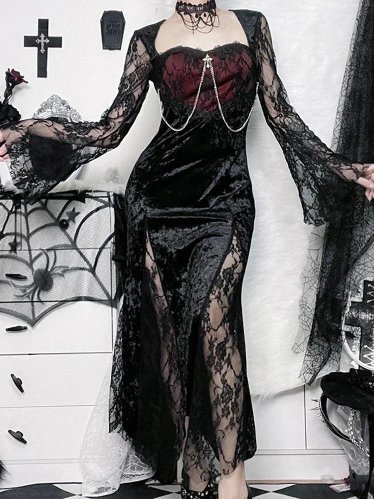 Crushed Velvet Lace Panel Bell Sleeve Chain Cross Sweetheart Maxi Dress