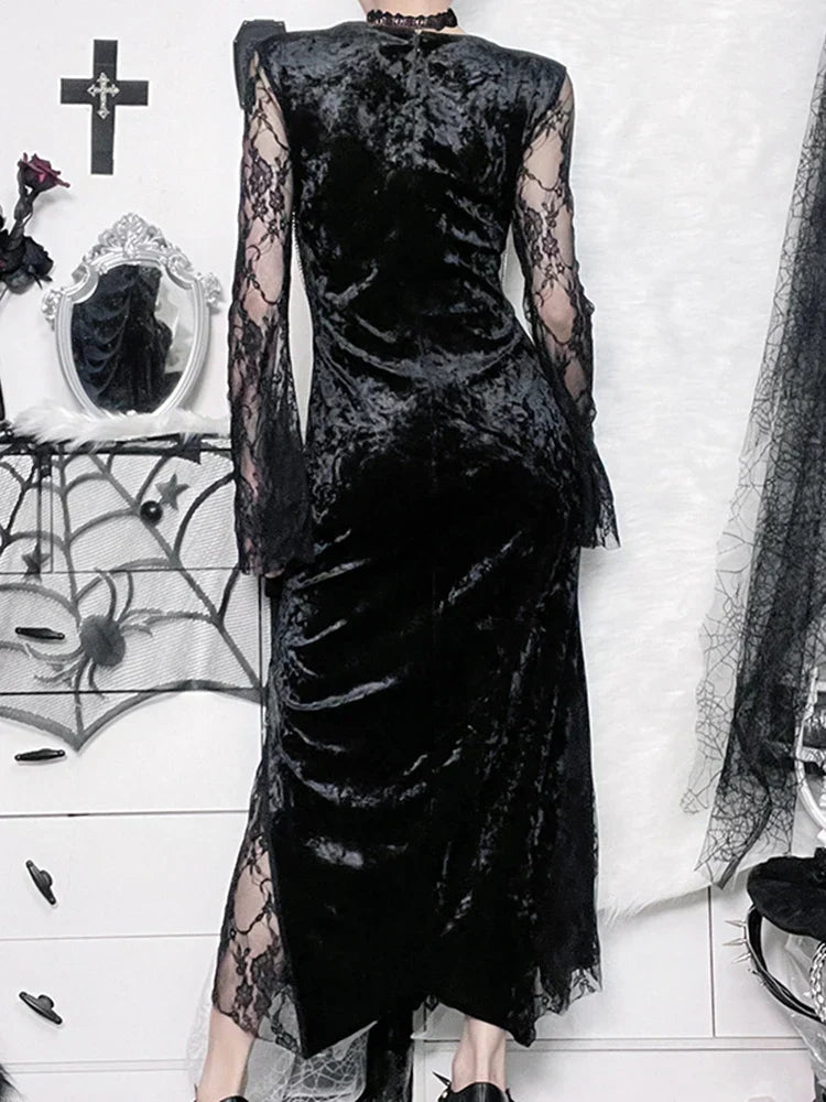 Crushed Velvet Lace Panel Bell Sleeve Chain Cross Sweetheart Maxi Dress