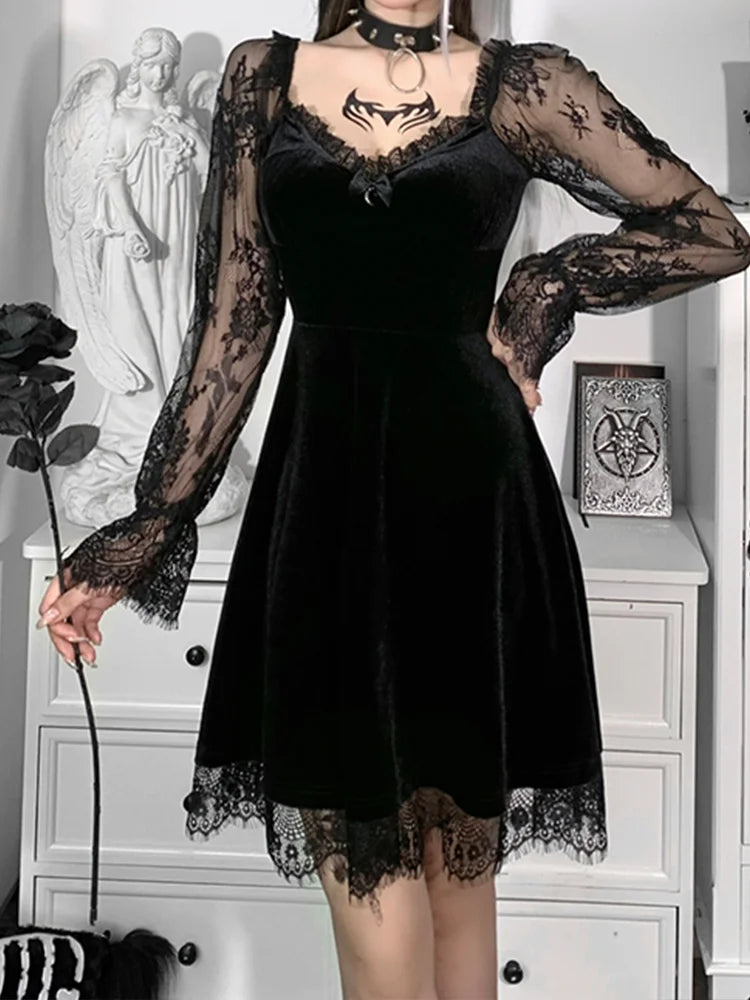 Velvet Sweetheart Lace Trim Crescent Moon Charm Bell Sleeve Skater Mini Dress