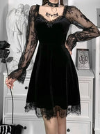 Velvet Sweetheart Lace Trim Crescent Moon Charm Bell Sleeve Skater Mini Dress