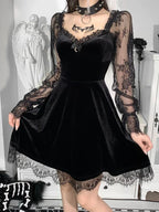 Velvet Sweetheart Lace Trim Crescent Moon Charm Bell Sleeve Skater Mini Dress