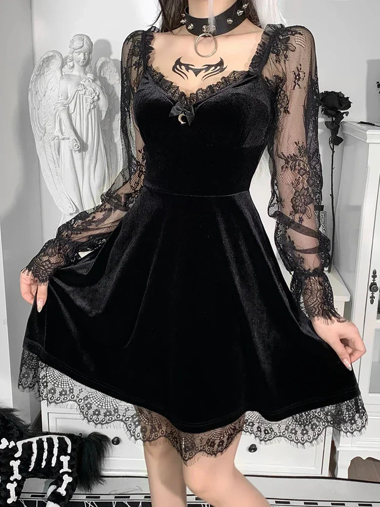 Velvet Sweetheart Lace Trim Crescent Moon Charm Bell Sleeve Skater Mini Dress