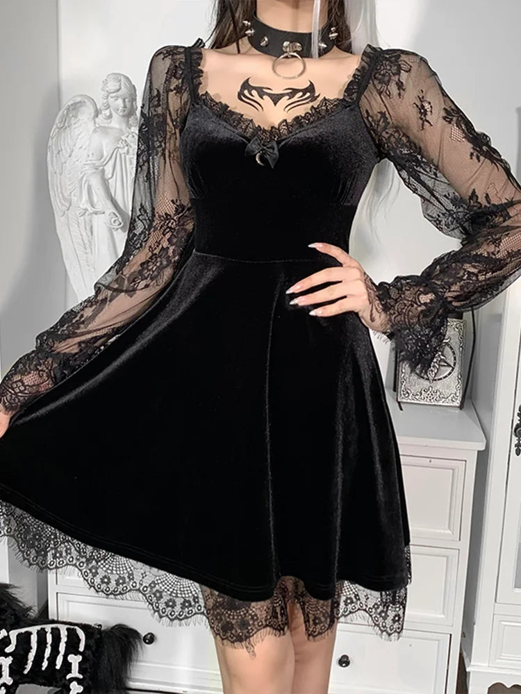 Velvet Sweetheart Lace Trim Crescent Moon Charm Bell Sleeve Skater Mini Dress