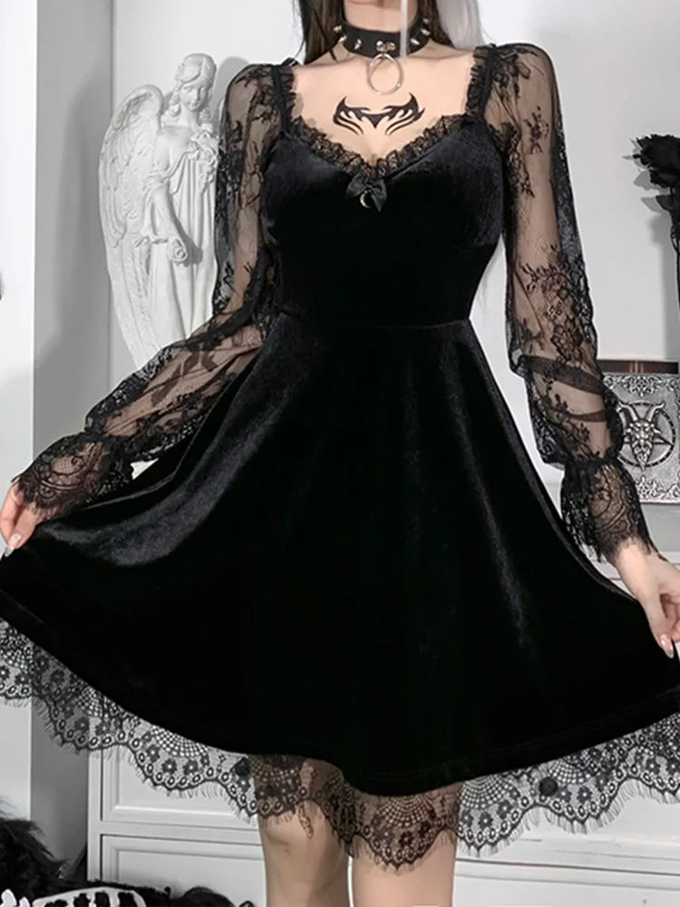 Velvet Sweetheart Lace Trim Crescent Moon Charm Bell Sleeve Skater Mini Dress