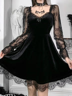 Velvet Sweetheart Lace Trim Crescent Moon Charm Bell Sleeve Skater Mini Dress