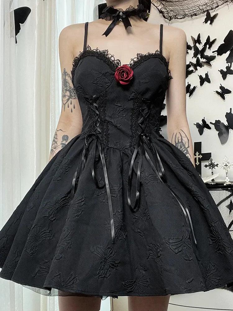 Gothic Jacquard Lace Up Corset Floral Applique Fit and Flare Mini Dress