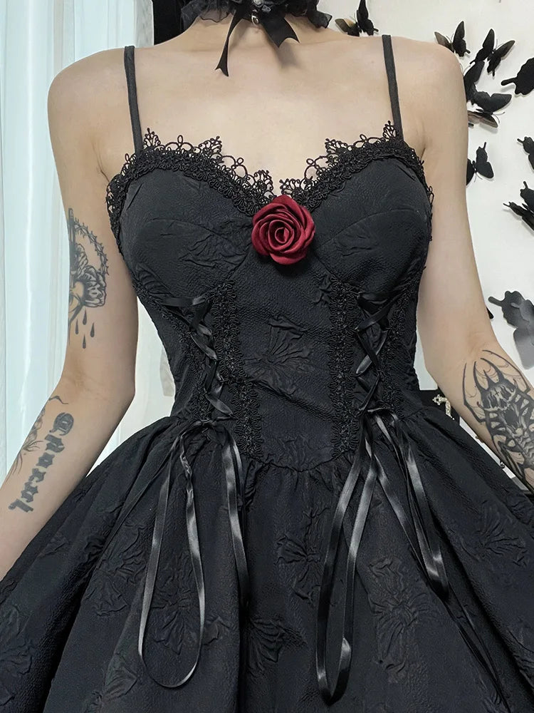 Gothic Jacquard Lace Up Corset Floral Applique Fit and Flare Mini Dress