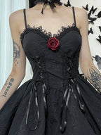 Gothic Jacquard Lace Up Corset Floral Applique Fit and Flare Mini Dress