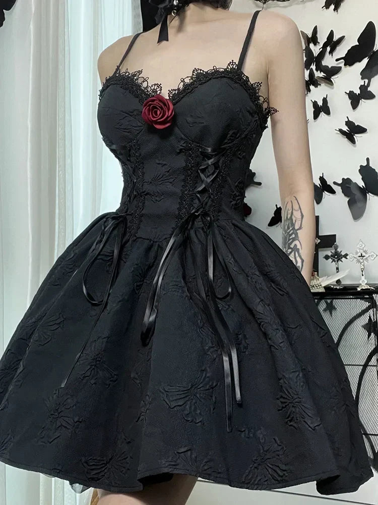 Gothic Jacquard Lace Up Corset Floral Applique Fit and Flare Mini Dress
