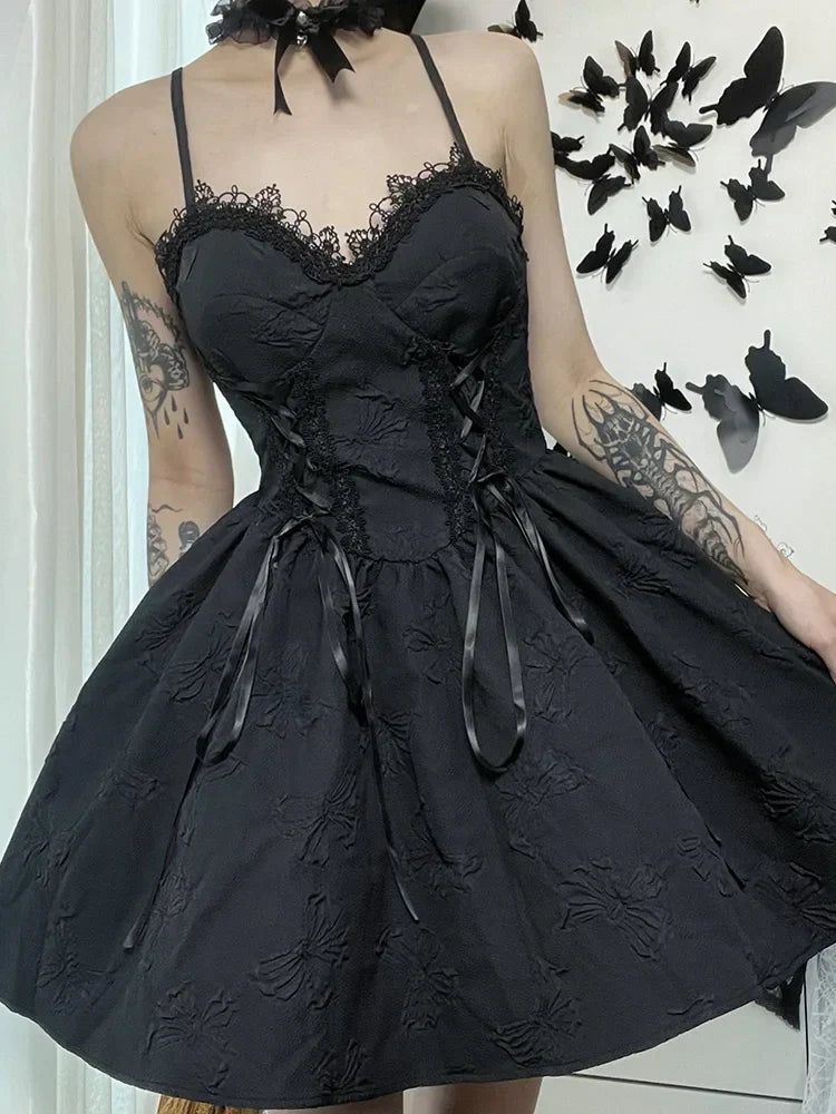 Gothic Jacquard Lace Up Corset Floral Applique Fit and Flare Mini Dress