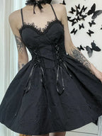 Gothic Jacquard Lace Up Corset Floral Applique Fit and Flare Mini Dress