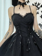 Gothic Jacquard Lace Up Corset Floral Applique Fit and Flare Mini Dress
