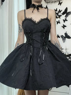 Gothic Jacquard Lace Up Corset Floral Applique Fit and Flare Mini Dress