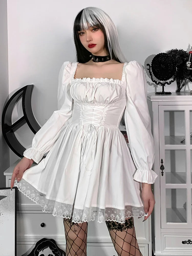 Square Neck Corset Lace-Up Puff Sleeve Pleated Lace Trim Gothic Mini Dress