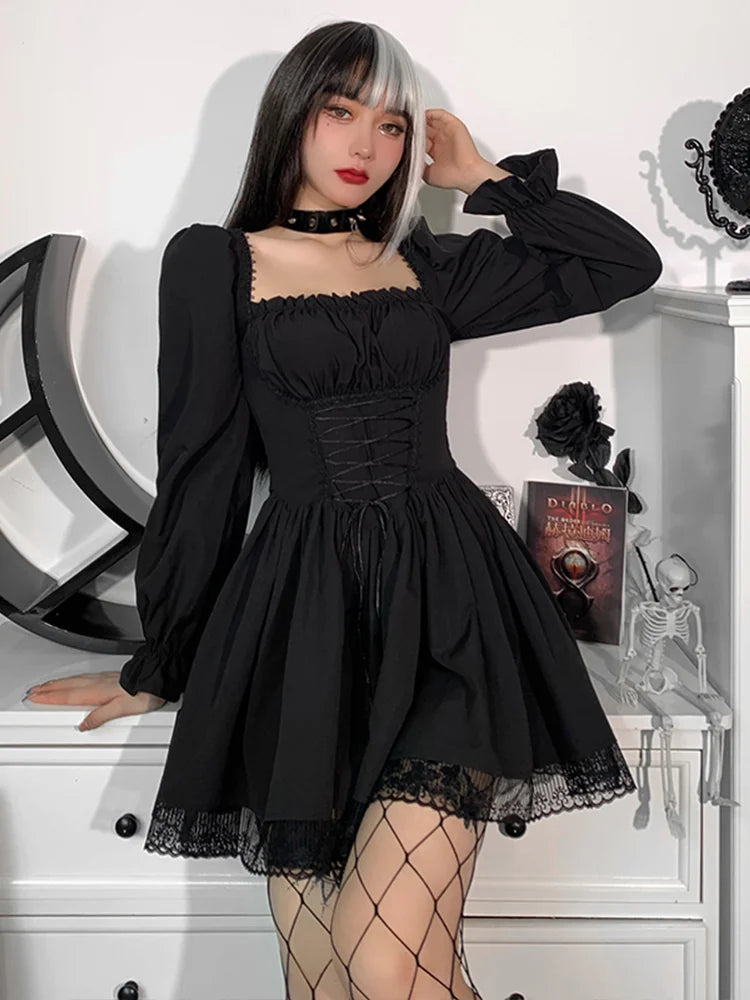 Square Neck Corset Lace-Up Puff Sleeve Pleated Lace Trim Gothic Mini Dress