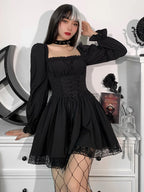 Square Neck Corset Lace-Up Puff Sleeve Pleated Lace Trim Gothic Mini Dress