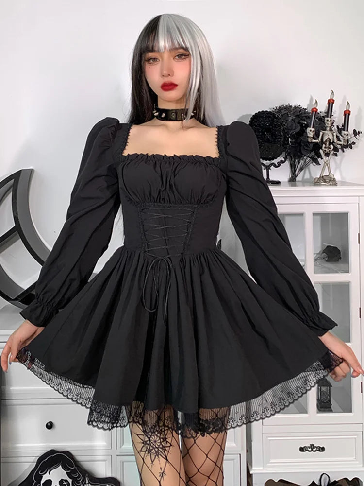 Square Neck Corset Lace-Up Puff Sleeve Pleated Lace Trim Gothic Mini Dress