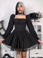 Square Neck Corset Lace-Up Puff Sleeve Pleated Lace Trim Gothic Mini Dress
