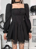 Square Neck Corset Lace-Up Puff Sleeve Pleated Lace Trim Gothic Mini Dress