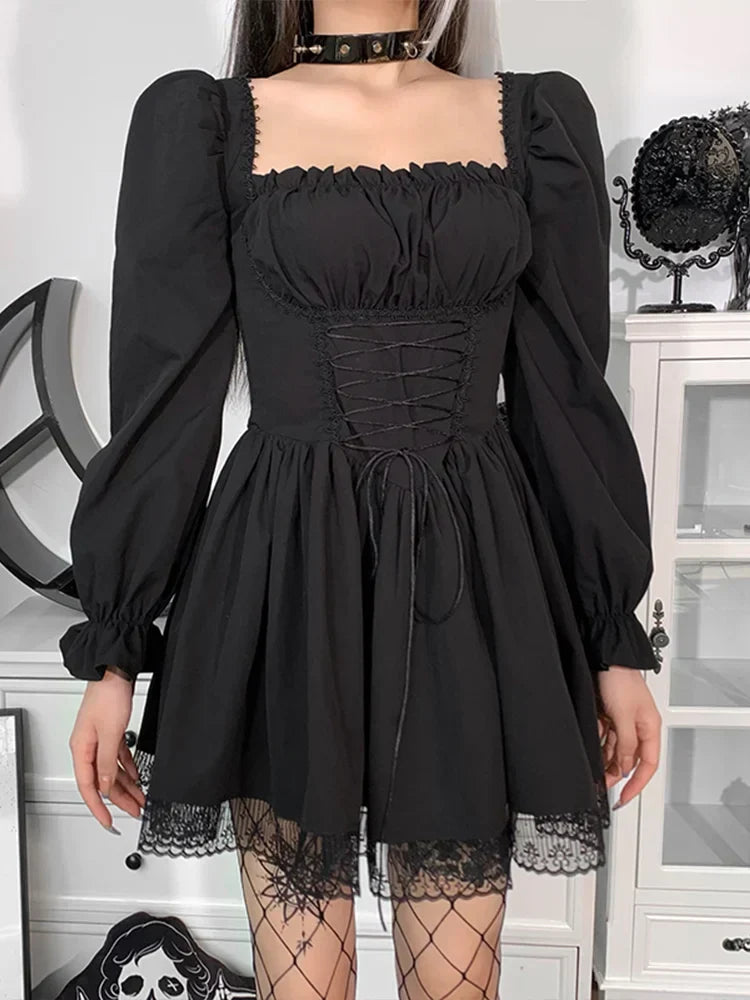 Square Neck Corset Lace-Up Puff Sleeve Pleated Lace Trim Gothic Mini Dress