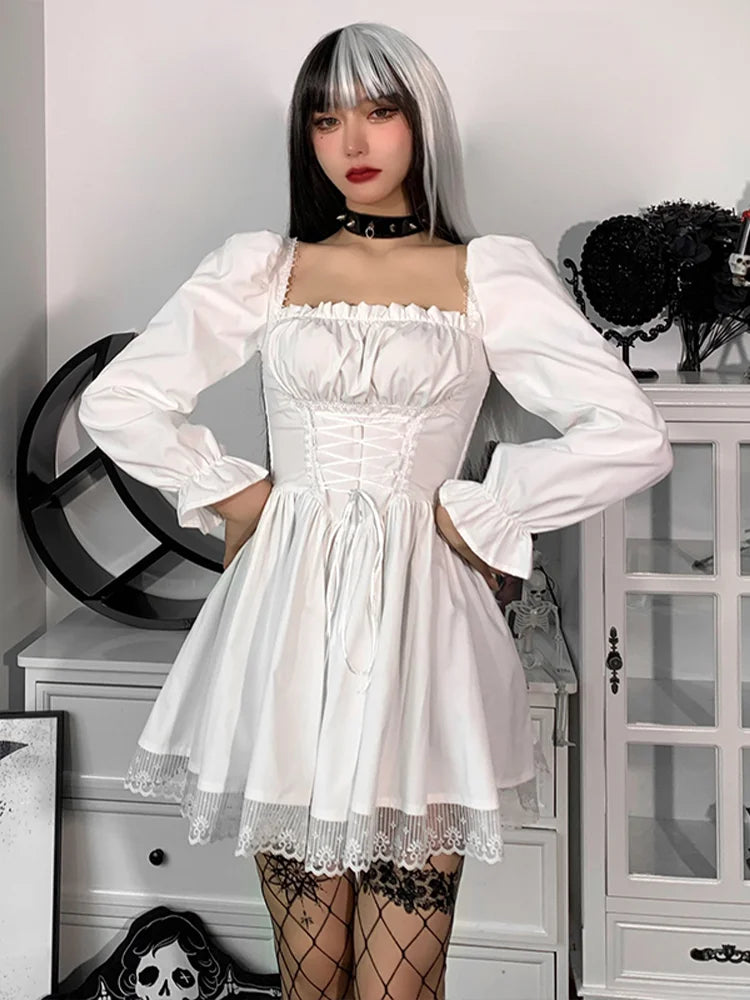 Square Neck Corset Lace-Up Puff Sleeve Pleated Lace Trim Gothic Mini Dress