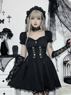 Sweetheart Corset Lace-Up Puff Sleeve Floral Embroidery Scalloped Lace Mini Dress