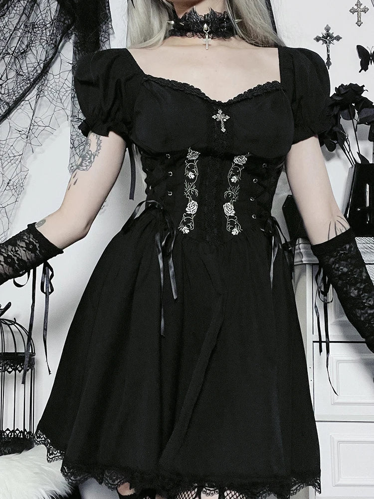 Sweetheart Corset Lace-Up Puff Sleeve Floral Embroidery Scalloped Lace Mini Dress