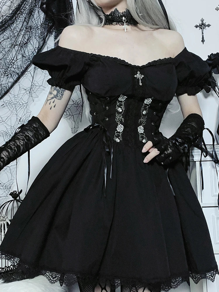 Sweetheart Corset Lace-Up Puff Sleeve Floral Embroidery Scalloped Lace Mini Dress