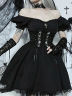 Sweetheart Corset Lace-Up Puff Sleeve Floral Embroidery Scalloped Lace Mini Dress