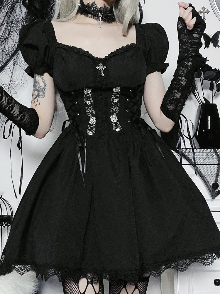 Sweetheart Corset Lace-Up Puff Sleeve Floral Embroidery Scalloped Lace Mini Dress