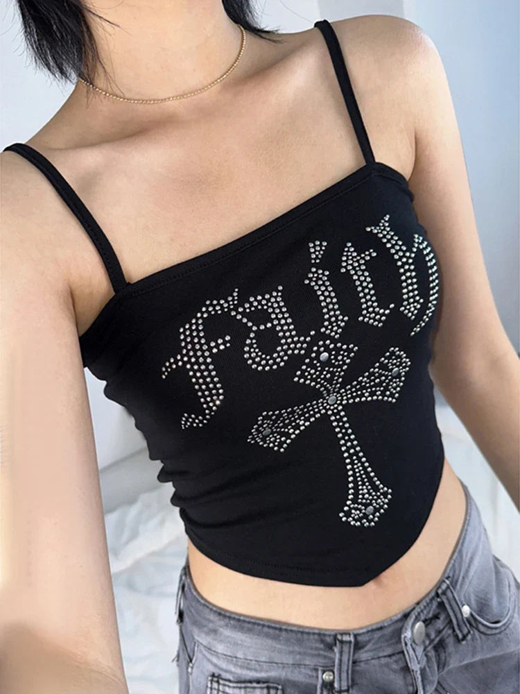 Gothic Cross Hot Rhinestone Vintage Spaghetti Straps Corset Y2K Street Grunge Crop Top
