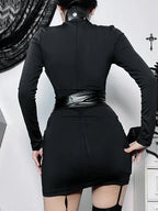 Turtleneck Long Sleeve Faux Leather Harness Wrap Waist Bodycon Mini Dress