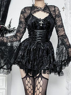 Velvet Halter Sweetheart Lace Up Corset Tiered Lace Trim Mini Dress